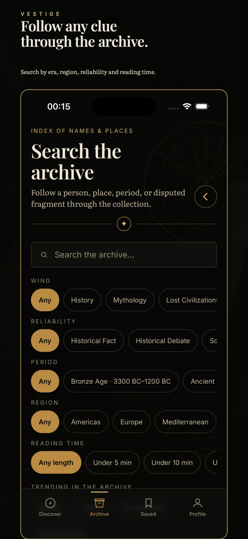 Vestige search filters for wing, reliability, period, region and reading time