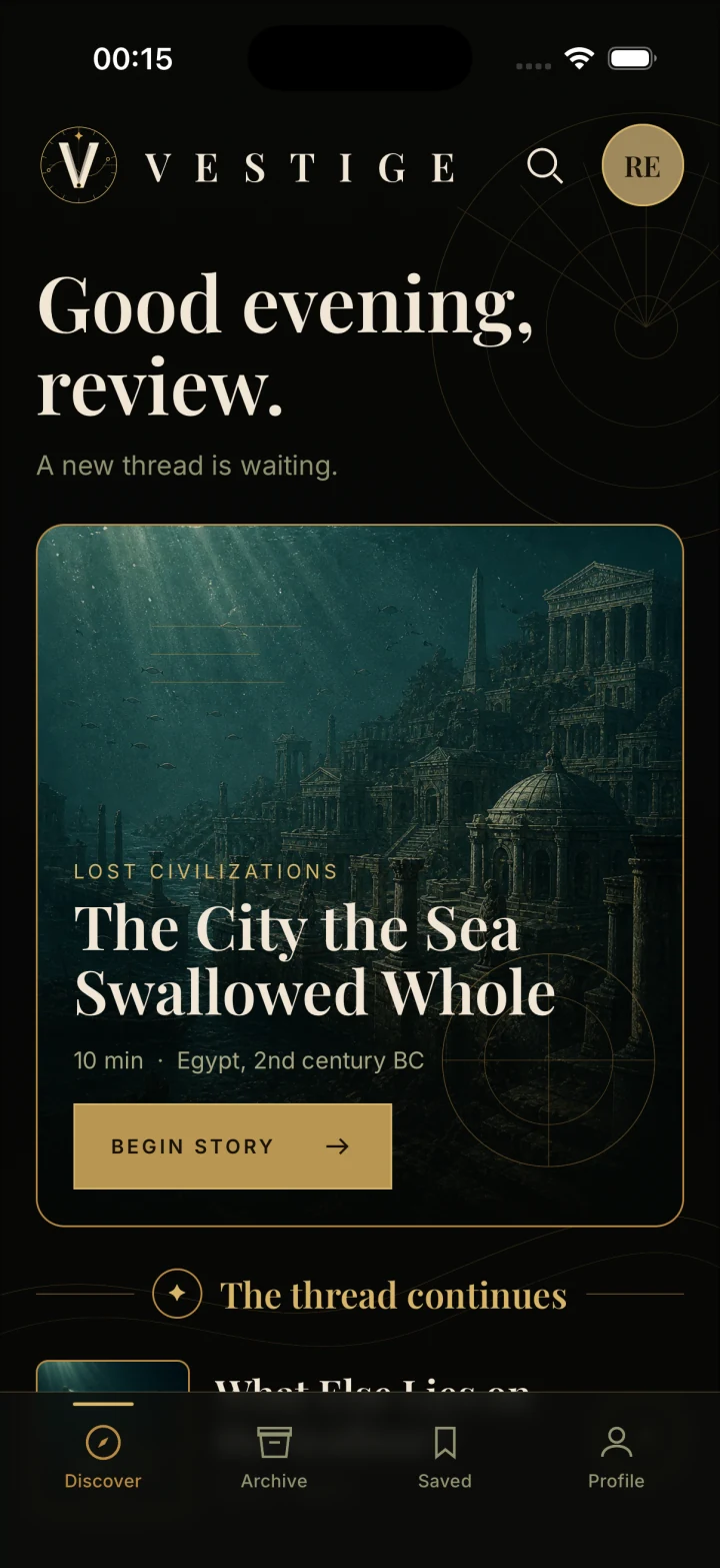Vestige on iPhone: the Discover screen with The City the Sea Swallowed Whole and connected stories