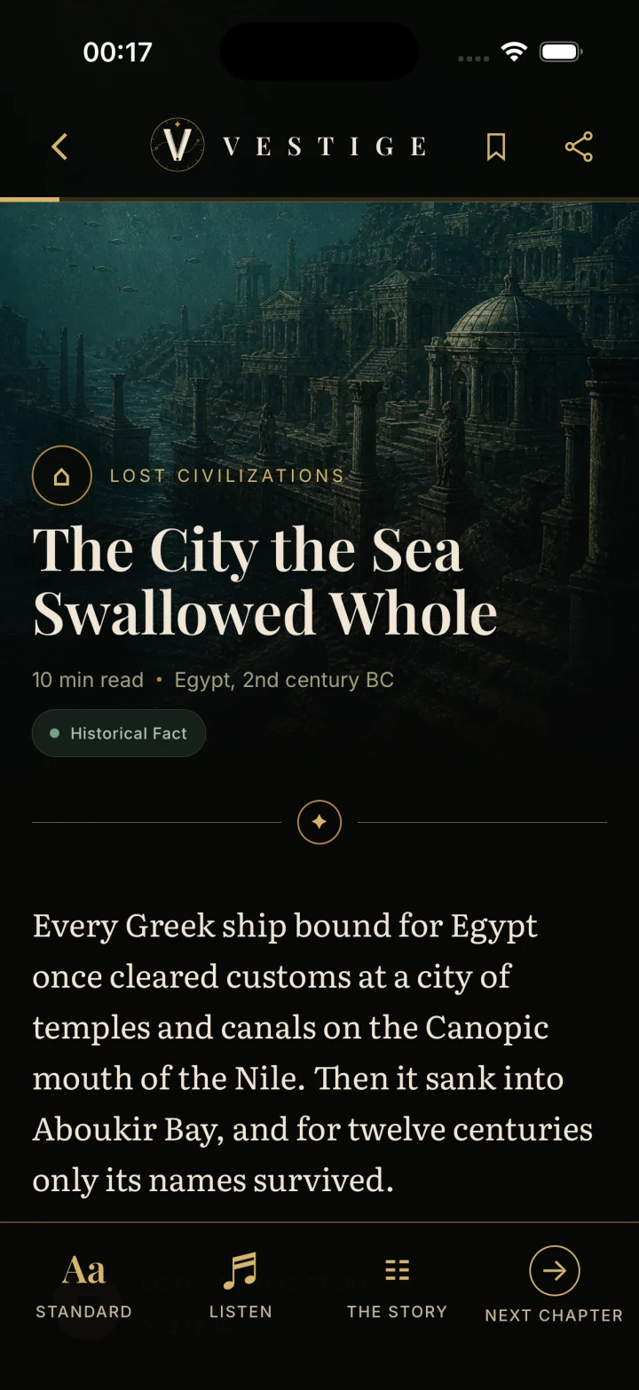 Vestige on iPhone: reading The City the Sea Swallowed Whole, with sources and narration controls