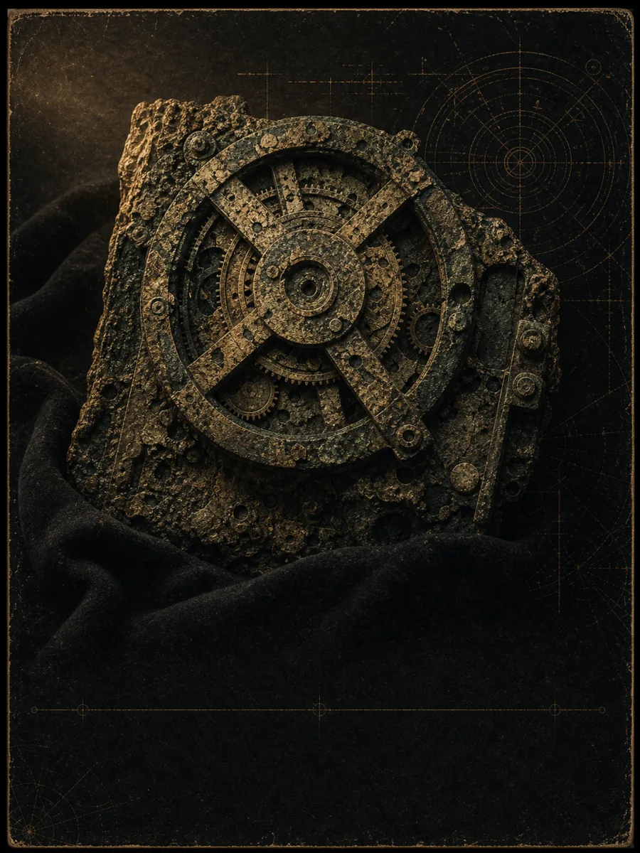 The corroded Antikythera mechanism beside astronomical drawings